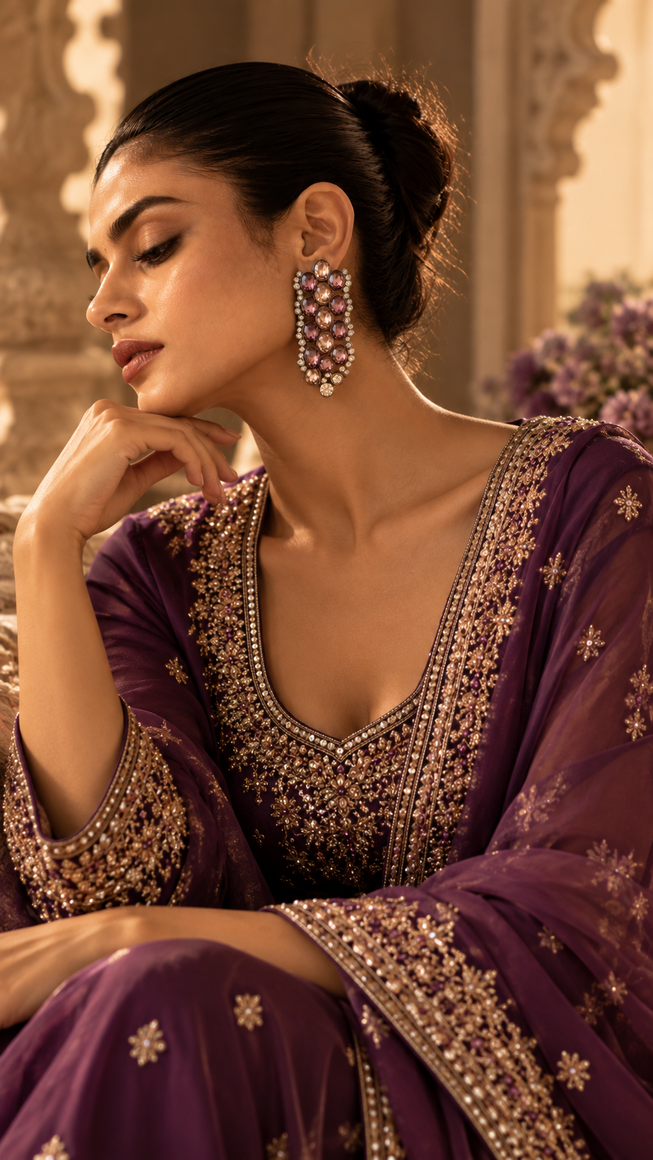Ruaisha elongated dangle earrings with faceted plum and champagne stones - view 2