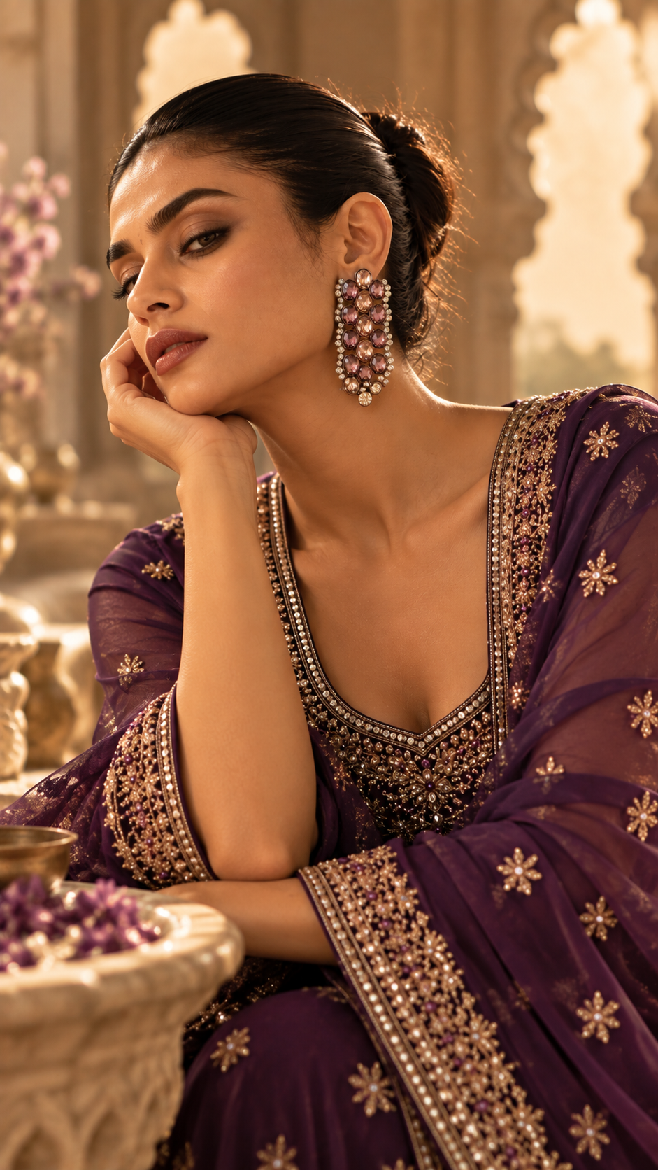 Ruaisha elongated dangle earrings with faceted plum and champagne stones