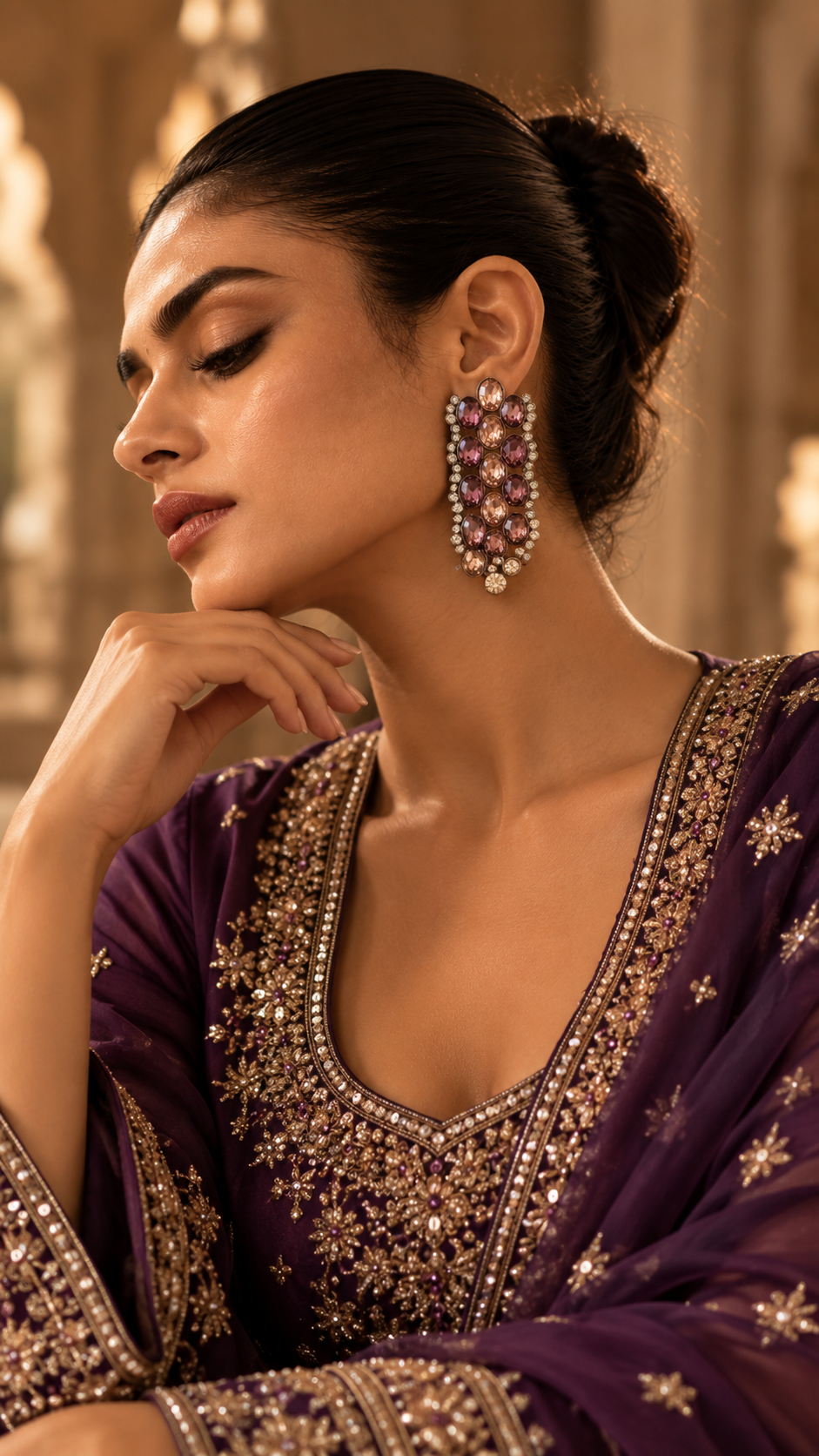 Ruaisha elongated dangle earrings with faceted plum and champagne stones - view 3