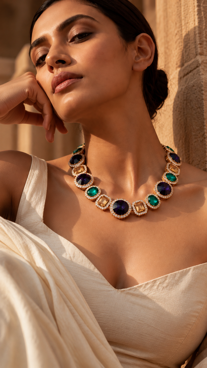 Tareya choker necklace with multicolour stones and crystal accents - view 2