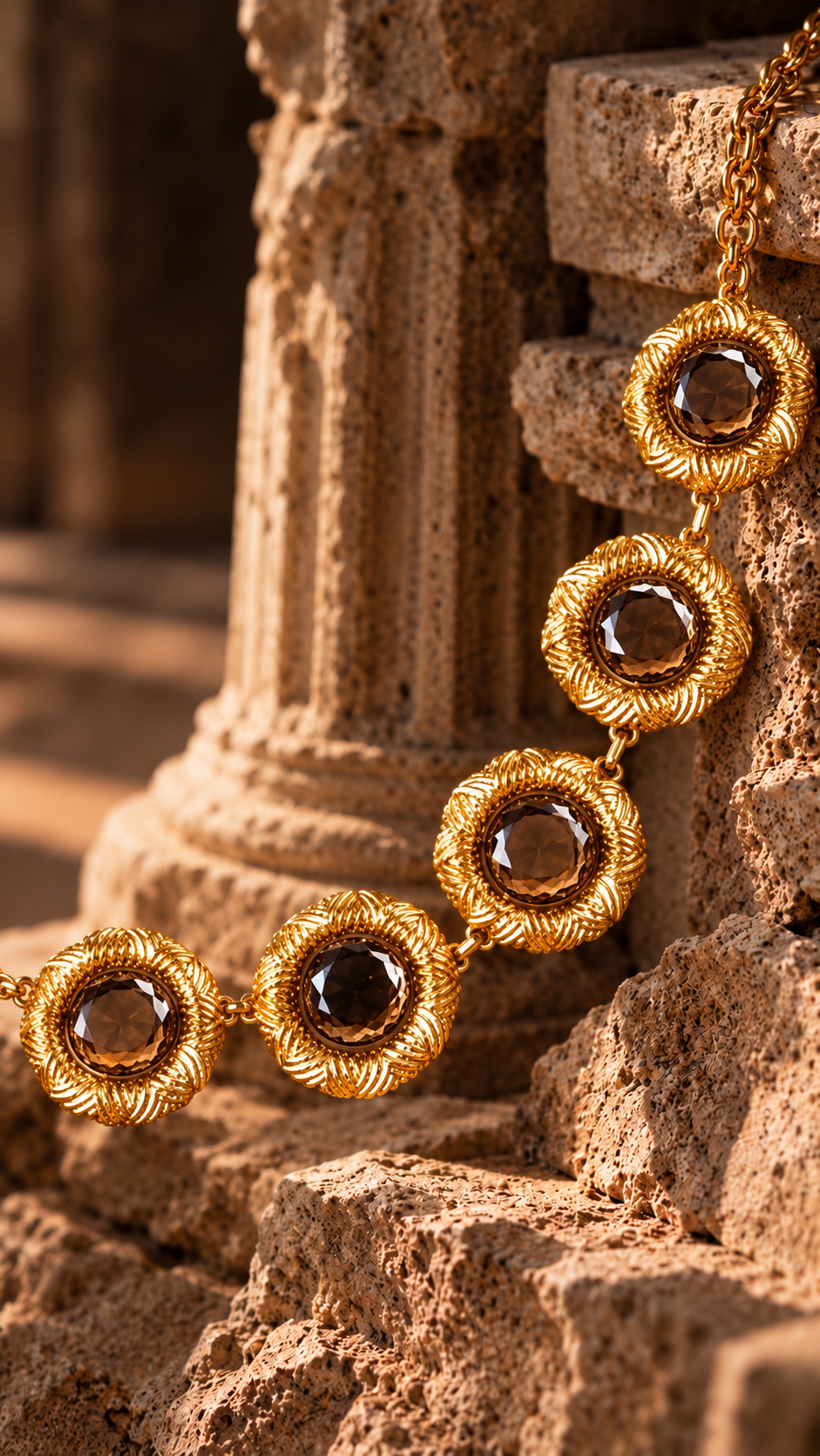 Medoso Jewellery antique gold statement necklace featuring five intricately textured circular medallions with faceted smoky brown gemstones, styled against weathered stone inspired by ancient architecture.