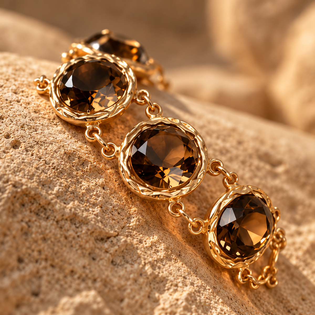 Herelina gold-toned statement bracelet with smoky-brown stones from Medoso Jewellery’s Desert Heirloom collection, styled on a model in warm natural light.
