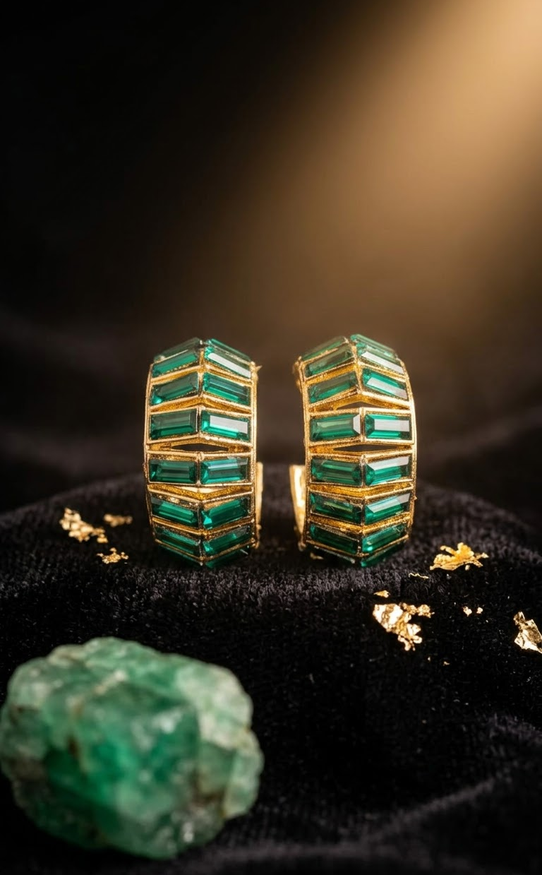 A pair of gold hoop earrings with stacked rectangular green emerald-cut gemstones, displayed on a black velvet surface with gold leaf flakes and a green gemstone chunk in the foreground.