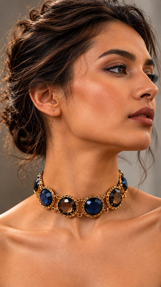 Medoso Jewellery statement choker featuring deep navy blue and smoky brown faceted gemstones in ornate antique gold-toned settings, styled on a model with a navy velvet outfit.