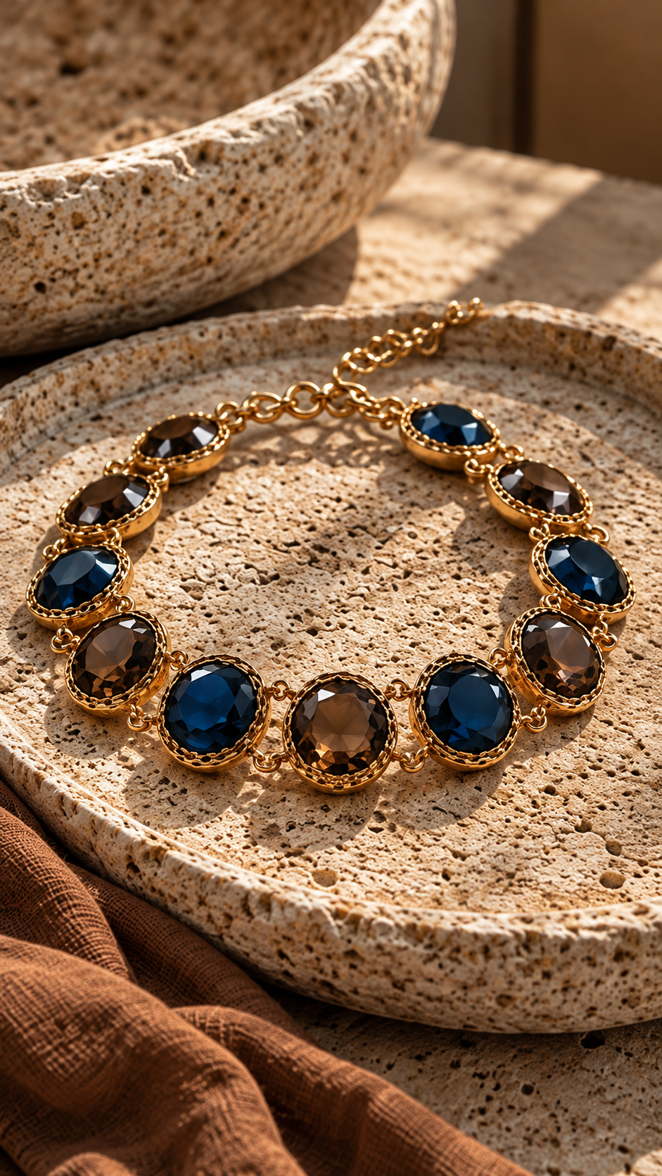 Medoso Jewellery statement gemstone choker arranged on a textured limestone tray, featuring alternating navy blue and smoky brown faceted stones in ornate gold-toned settings.