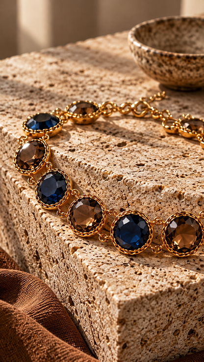 Detailed product photograph of a Medoso Jewellery gemstone choker featuring deep navy blue and smoky brown faceted stones, ornate gold-toned bezels and linked detailing against textured natural stone.